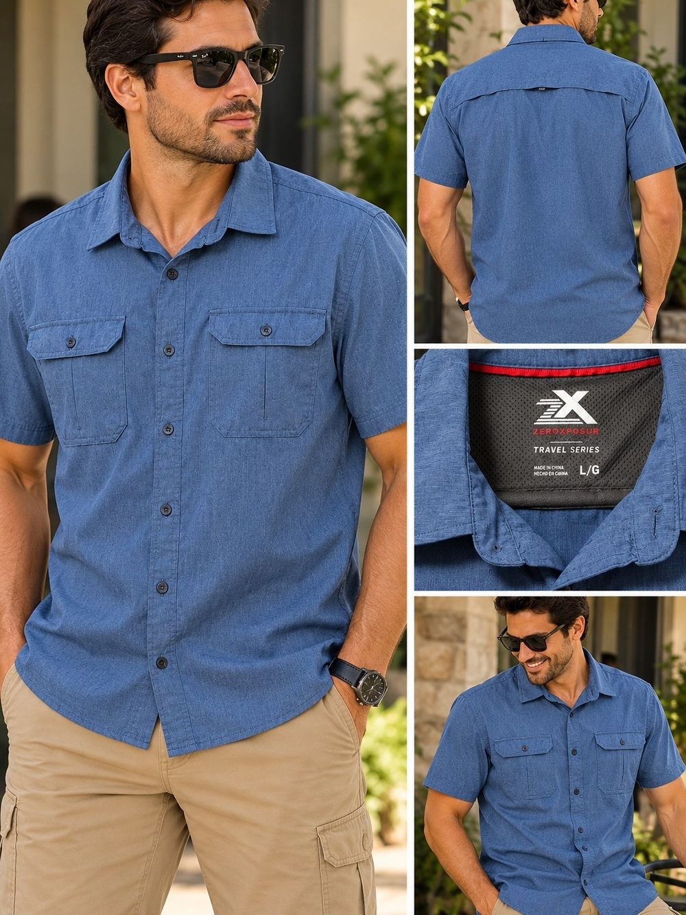 ZeroXposur Men's Short-Sleeve Travel Button-Down Shirt - Denim Blue